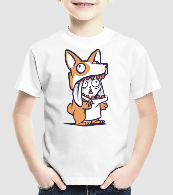 Iepuraș drăguț în costum Corgi model alb pe tricou