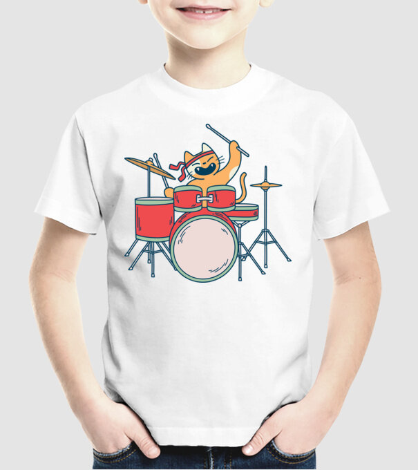 Pisică Baterist model alb pe tricou