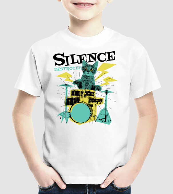 Pisică Baterist - Silence Destroyer model alb pe tricou