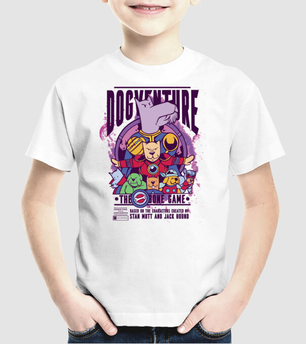 Dogventure The Bone Game model alb pe tricou