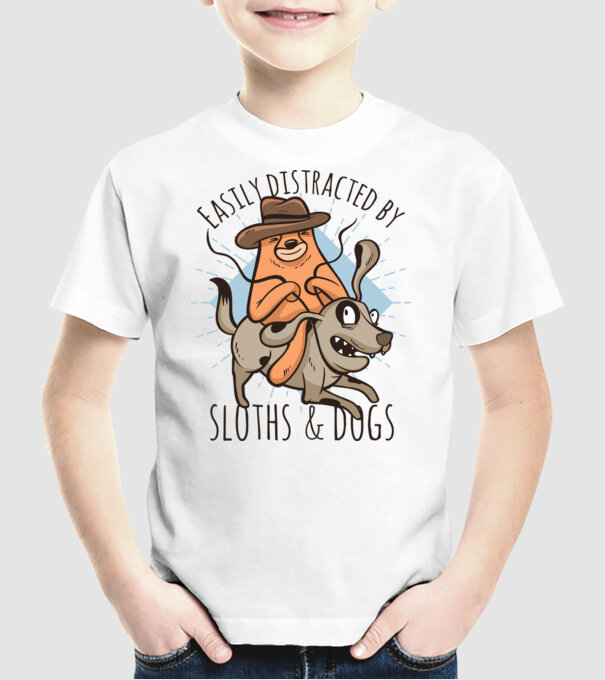 Easily Distracted by Sloths & Dogs model alb pe tricou