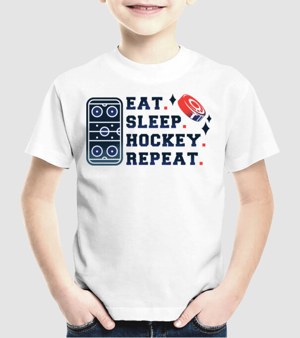 Eat Sleep Hockey Repeat model alb pe tricou