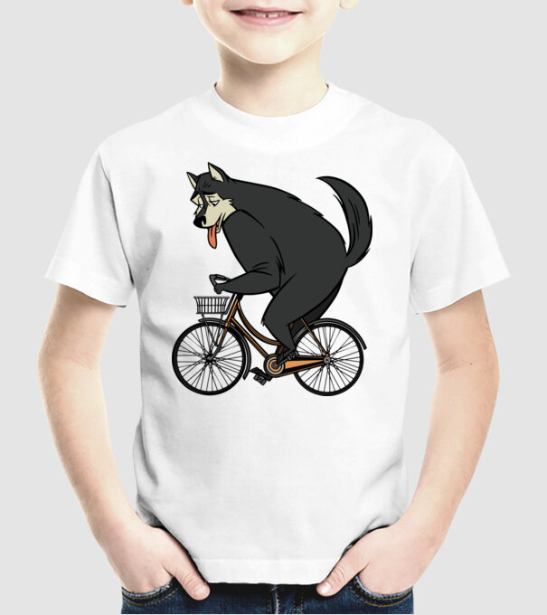 Lup pe bicicletă model alb pe tricou