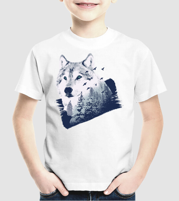 Tricou design Pădure Lup model alb pe tricou