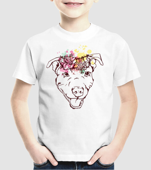 Floral Pitbull model alb pe tricou