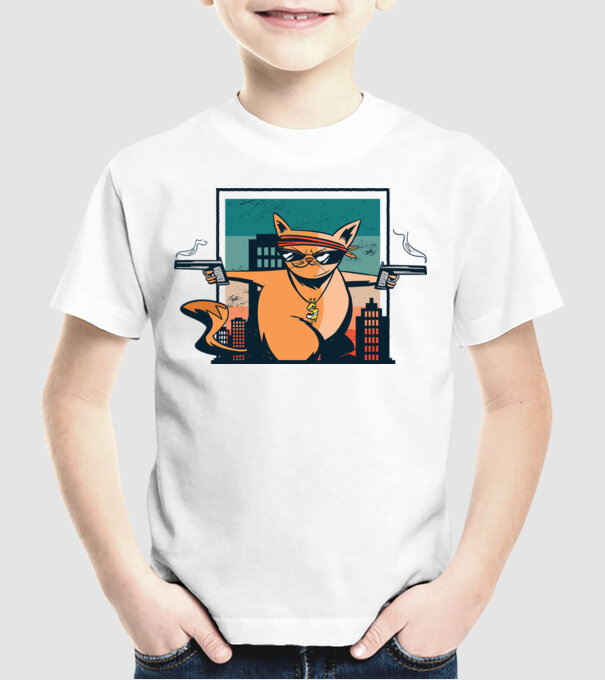 Pisică Gangster model alb pe tricou