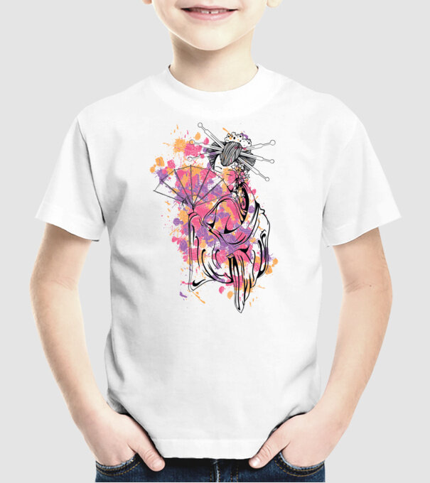 Geisha cu evantai model alb pe tricou