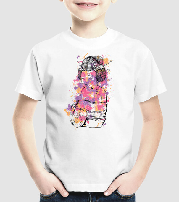 Geisha colorată model alb pe tricou