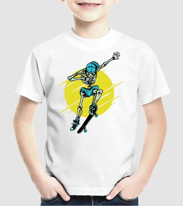 Schelet Skateboarder model alb pe tricou