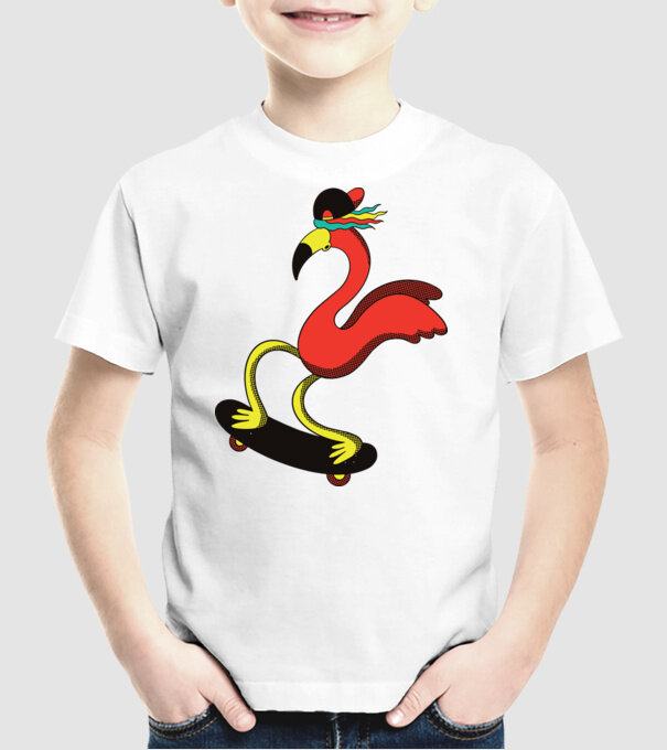 Flamingo Skateboarder model alb pe tricou