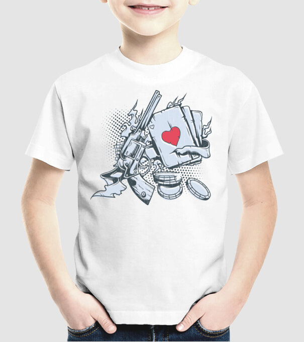 Gun with Cards model alb pe tricou