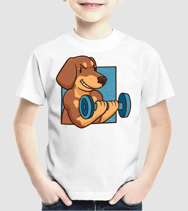 Teckel body builder model alb pe tricou