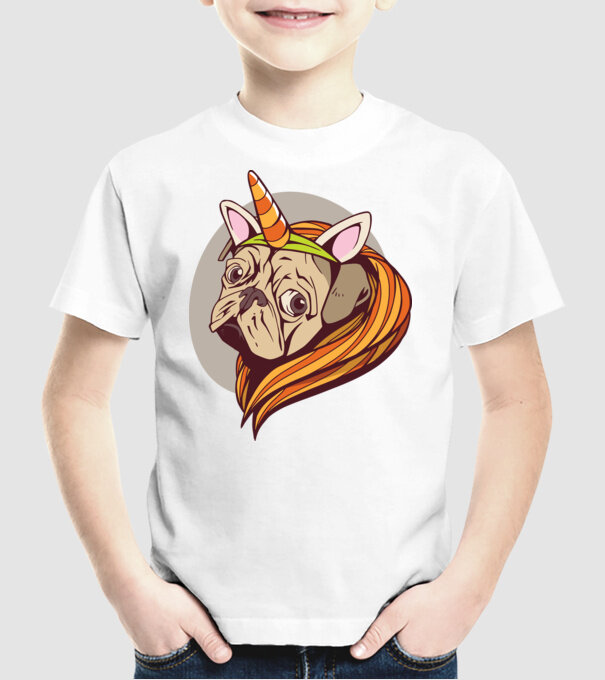 Halloween Mops în costum de Unicorn model alb pe tricou