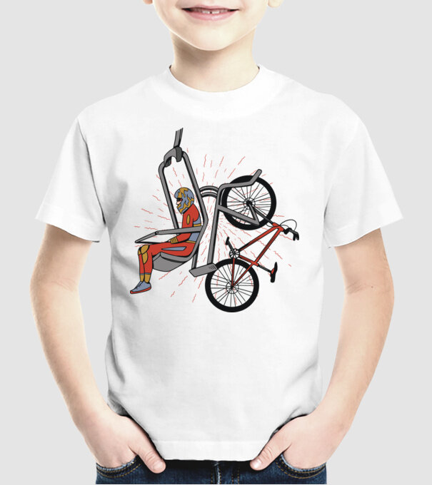 Biciclist montain bike pe teleferic model alb pe tricou