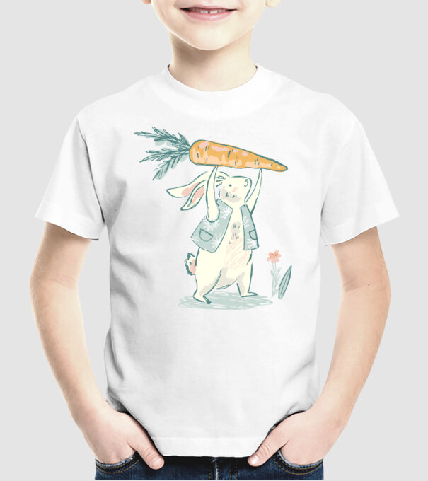 Iepuraș de Paște cu morcov model alb pe tricou