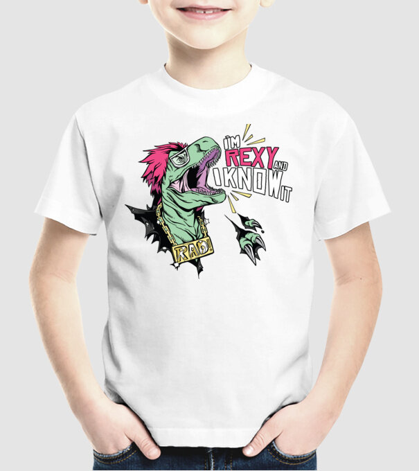 'I''m Rexy and I know it - tricou dinozaur amuzant' model alb pe tricou