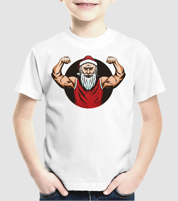 Moș Crăciun musculos model alb pe tricou