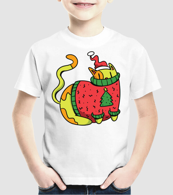 Pisică de Crăciun model alb pe tricou