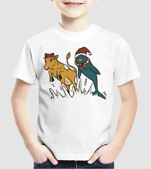 Delfin și Vacă de Crăciun model alb pe tricou