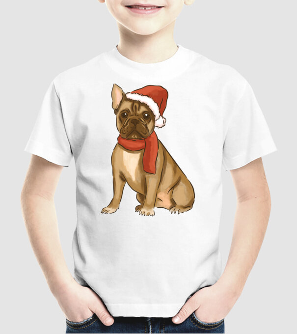 Bulldog francez de Crăciun model alb pe tricou