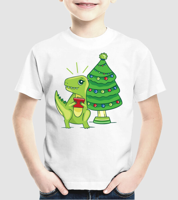 T-rex de Crăciun model alb pe tricou