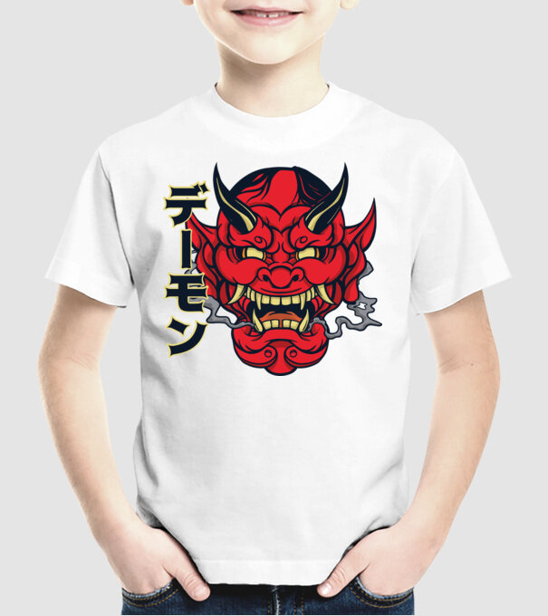 Mască demon chinez model alb pe tricou