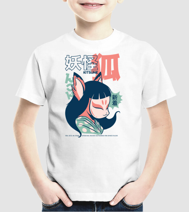 Kitsune Yokai Anime model alb pe tricou