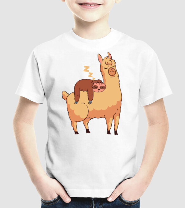 Leneș dormind pe Llama model alb pe tricou