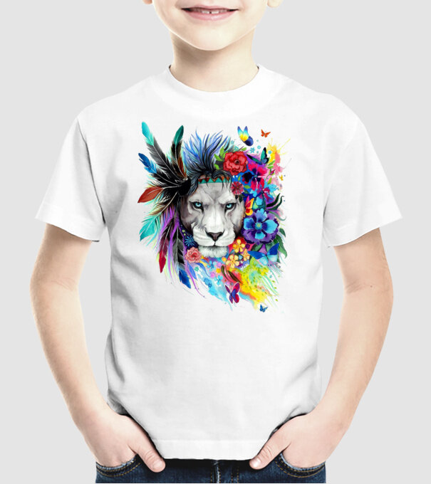 lion color jungle model alb pe tricou