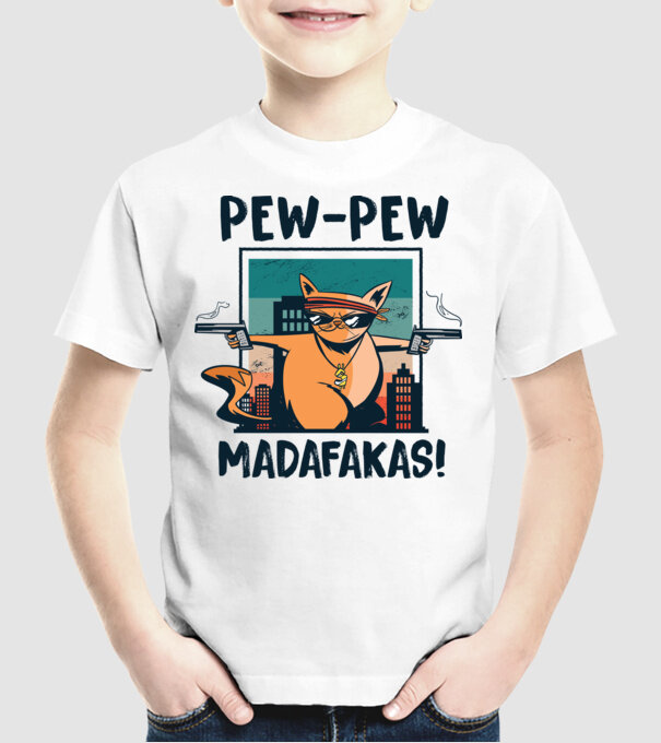 Pew Pew Pew Madafakas Pisică dark model alb pe tricou