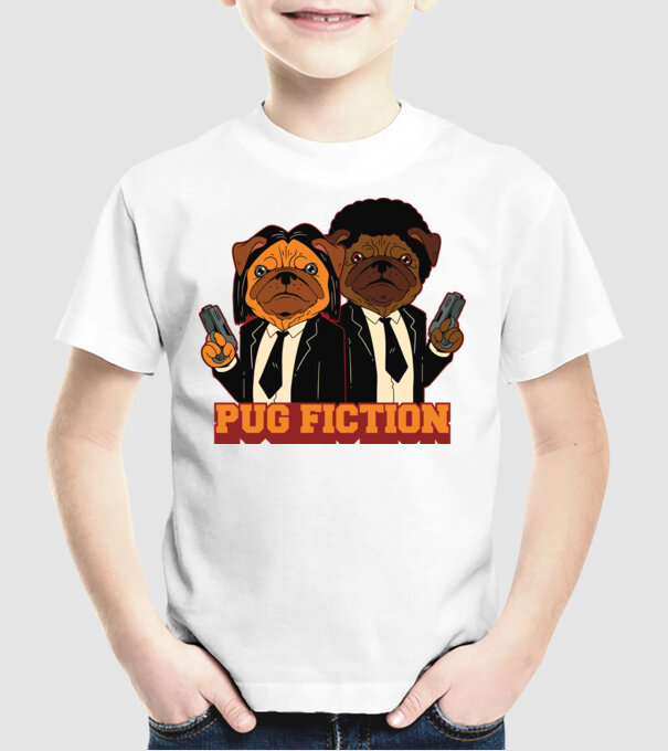 Pug Fiction Pugs Mops Pulp Fiction parodie model alb pe tricou
