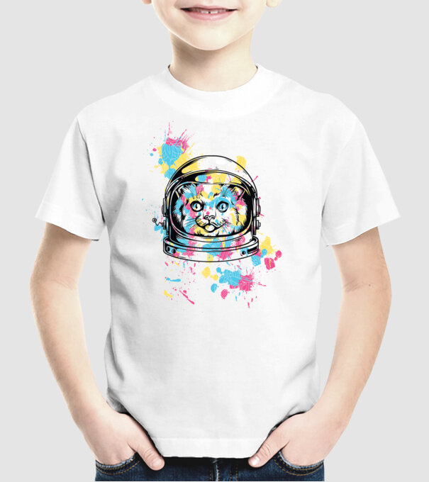 Space Cat model alb pe tricou