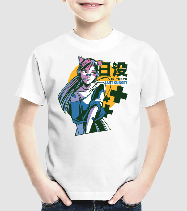 Fată Anime Sunset Tokyo model alb pe tricou