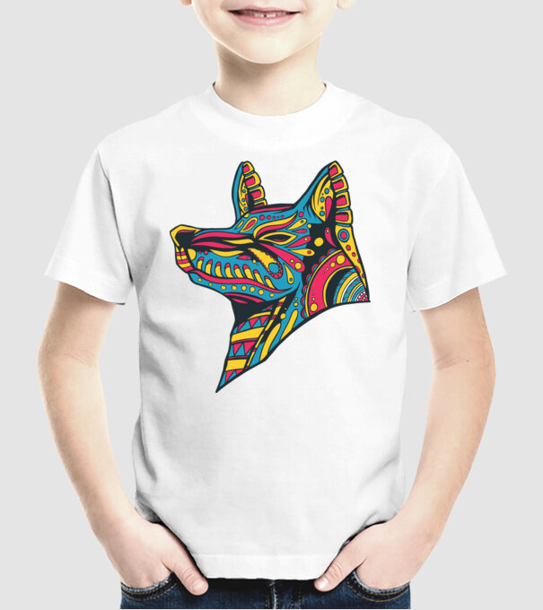 Cap de lup colorat model alb pe tricou