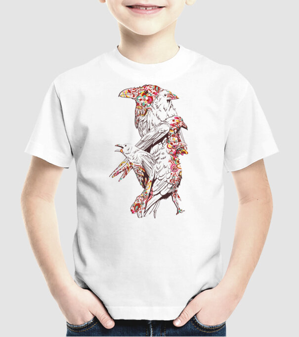 Păsări colorate model alb pe tricou