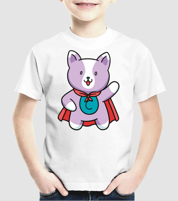 Pisică Supererou model alb pe tricou