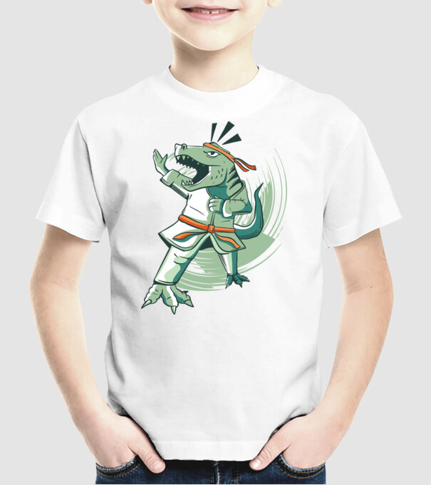 T-rex Karate model alb pe tricou