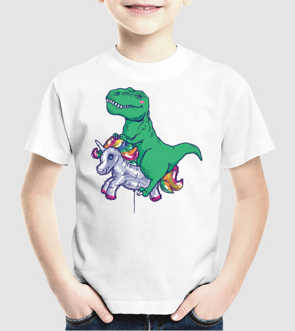 T-rex pe Unicorn balon model alb pe tricou