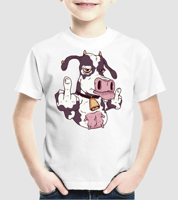 Vaca arată degetul model alb pe tricou
