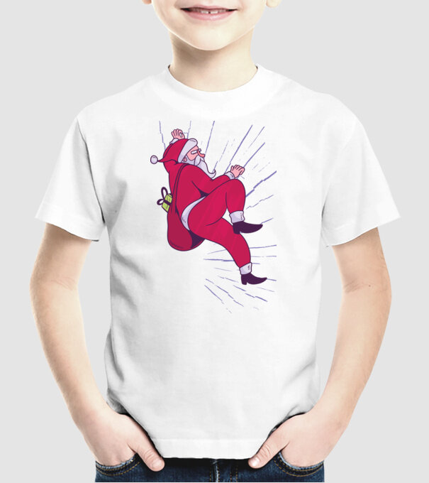 Moș Crăciun se cațără cu cadouri - tricou Crăciun model alb pe tricou