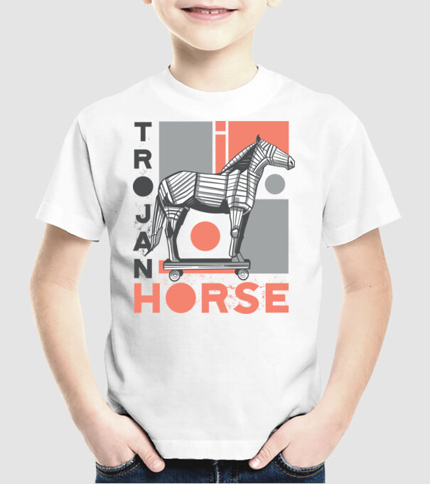 Cal troian model alb pe tricou