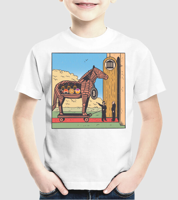 Cal troian Bitcoin model alb pe tricou