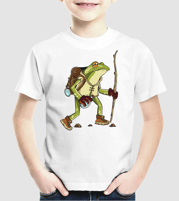 Broască în drumeție model alb pe tricou