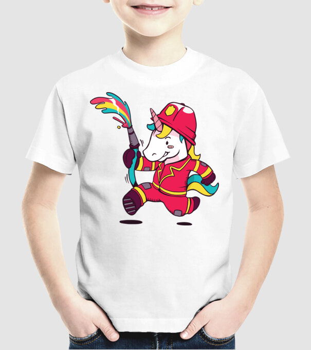 Pompier Unicorn model alb pe tricou