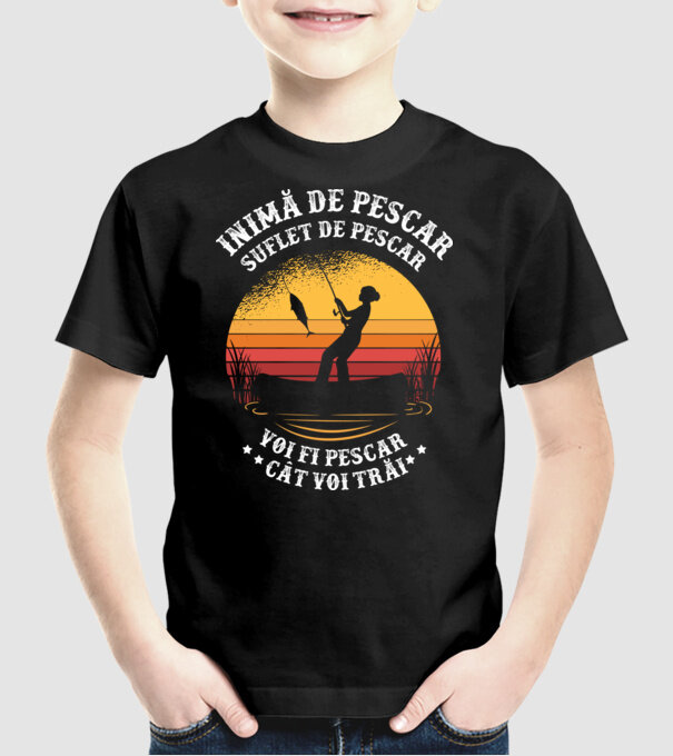 inimă de pescar, suflet de pescar, voi fi pescar cât voi trăi model negru pe tricou