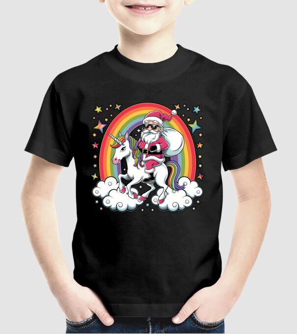 Moș Crăciun cool pe un unicorn model negru pe tricou
