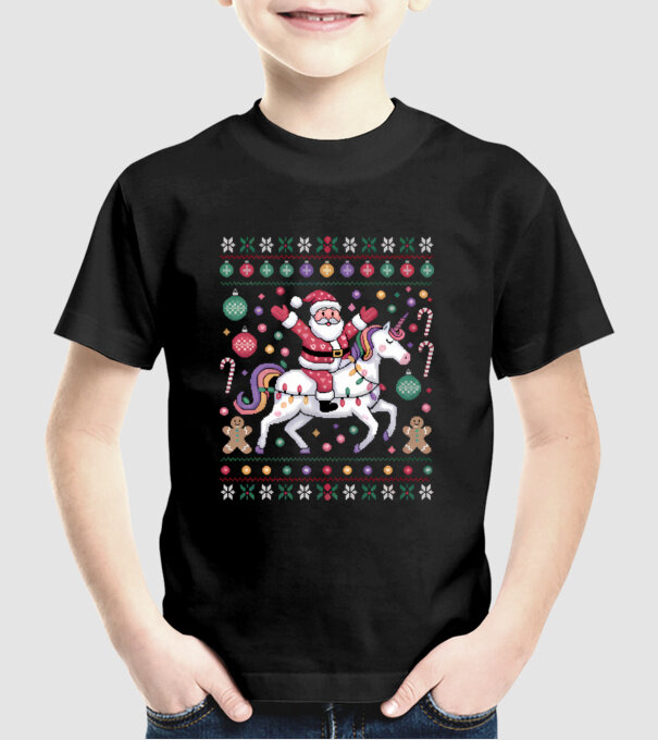 Moș Crăciun pe un pulover urât unicorn model negru pe tricou