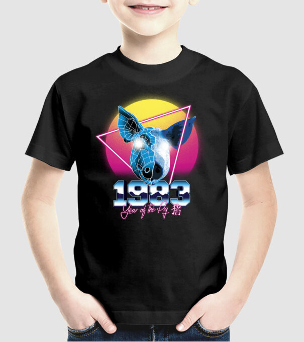 1983 Year of the Pig model negru pe tricou