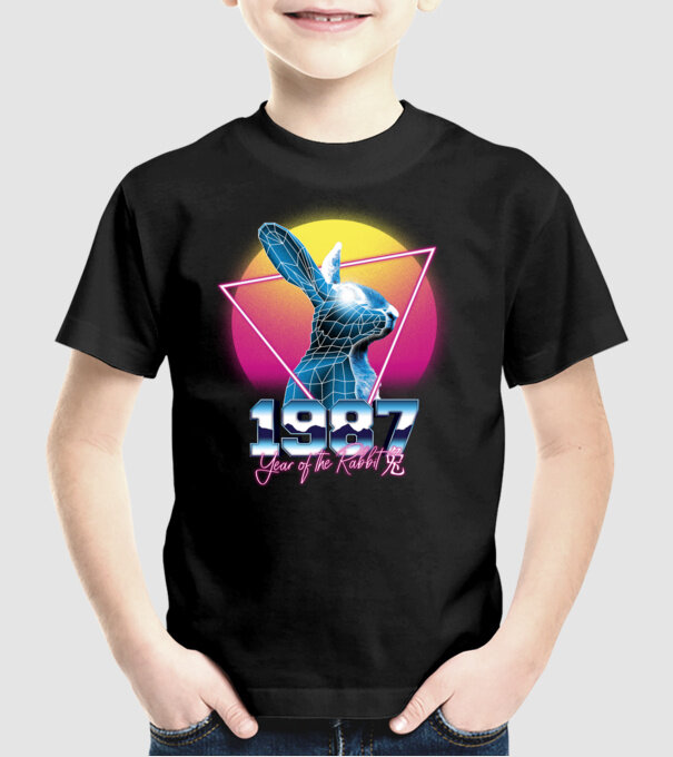 1987 Year of the Rabbit model negru pe tricou