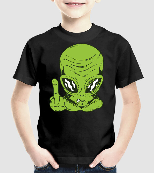 Alien arată degetul model negru pe tricou